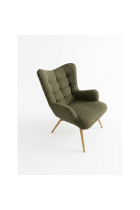 Zöld szövetkárpitozású modern fotel tölgyfa lábakkal